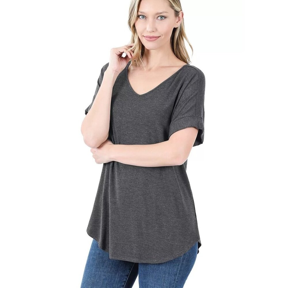 Zenana V Neck Short Cuffed Sleeve Top Size Medium Charcoal Gray Casual Essential